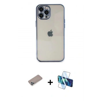 MARSİLYAN™- iPhone 12 Pro Max Kılıf Vadi Minimal - Siyah 3D Antistatik Seramik Nano Ekran Koruyucu + Shine Kamera Lens Koruma Cam - SABE