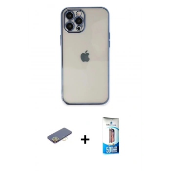 MARSİLYAN™- iPhone 12 Pro Max Kılıf Vadi Minimal - Siyah 5D Eko Cam Ekran Koruyucu + Renkli Kamera Lens Koruma Cam - SI