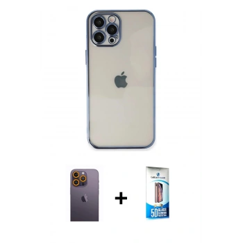 MARSİLYAN™- iPhone 12 Pro Max Kılıf Vadi Minimal - Siyah 5D Eko Cam Ekran Koruyucu + Neon Fosforlu Kamera Lens - SI
