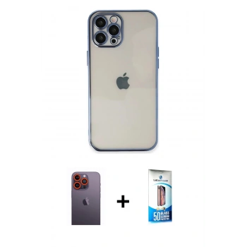 MARSİLYAN™- iPhone 12 Pro Max Kılıf Vadi Minimal - Siyah 5D Eko Cam Ekran Koruyucu + Neon Fosforlu Kamera Lens - TU