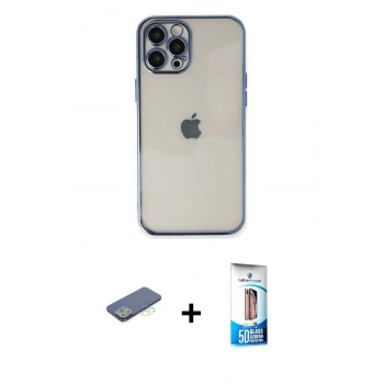 MARSİLYAN™- iPhone 12 Pro Max Kılıf Vadi Minimal - Siyah 5D Eko Cam Ekran Koruyucu + Renkli Kamera Lens Koruma Cam - YL