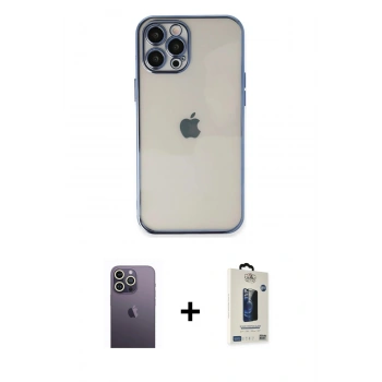 MARSİLYAN™- iPhone 12 Pro Max Kılıf Vadi Minimal - Siyah Bilvis Hayalet Cam Ekran Koruyucu + Neon Fosforlu Kamera Lens - BZ