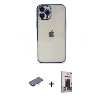 MARSİLYAN™- iPhone 12 Pro Max Kılıf Vadi Minimal - Siyah Bilvis Hayalet Cam Ekran Koruyucu + Renkli Kamera Lens Koruma Cam - MI