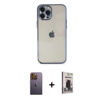 MARSİLYAN™- iPhone 12 Pro Max Kılıf Vadi Minimal - Siyah Bilvis Hayalet Cam Ekran Koruyucu + Neon Fosforlu Kamera Lens - SI
