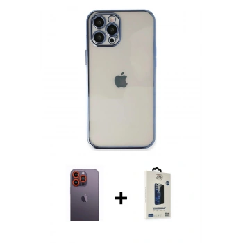 MARSİLYAN™- iPhone 12 Pro Max Kılıf Vadi Minimal - Siyah Bilvis Hayalet Cam Ekran Koruyucu + Neon Fosforlu Kamera Lens - TU