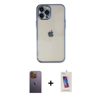 MARSİLYAN™- iPhone 12 Pro Max Kılıf Vadi Minimal - Siyah Joko 5D Cam + Neon Fosforlu Kamera Lens - SI