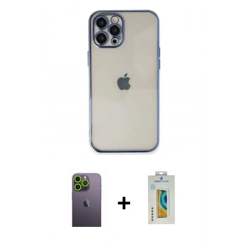 MARSİLYAN™- iPhone 12 Pro Max Kılıf Vadi Minimal - Siyah Polymer Nano Ekran Koruyucu + Neon Fosforlu Kamera Lens - YL