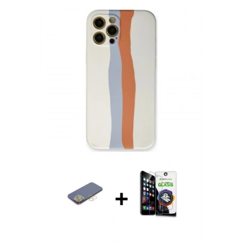 MARSİLYAN™- iPhone 12 Pro Max Kılıf Yadigar Çizgi - Şeffaf Temperli Cam Ekran Koruyucu + Renkli Kamera Lens Koruma Cam - SI