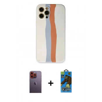 MARSİLYAN™- iPhone 12 Pro Max Kılıf Yadigar Çizgi - Siyah 18D Cam Ekran Koruyucu + Neon Fosforlu Kamera Lens - TU
