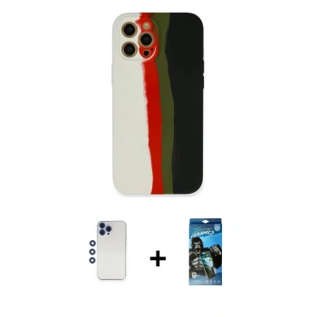 MARSİLYAN™- iPhone 12 Pro Max Kılıf Yadigar Çizgi - Siyah 34D Izgaralı Cam + Shine Kamera Lens - LT