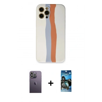 MARSİLYAN™- iPhone 12 Pro Max Kılıf Yadigar Çizgi - Siyah 34D Izgaralı Cam + Neon Fosforlu Kamera Lens - BZ