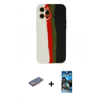 MARSİLYAN™- iPhone 12 Pro Max Kılıf Yadigar Çizgi - Siyah 34D Izgaralı Cam + Renkli Kamera Lens Koruma Cam - PE