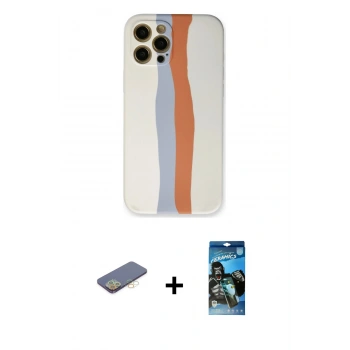 MARSİLYAN™- iPhone 12 Pro Max Kılıf Yadigar Çizgi - Siyah 34D Izgaralı Cam + Renkli Kamera Lens Koruma Cam - SI