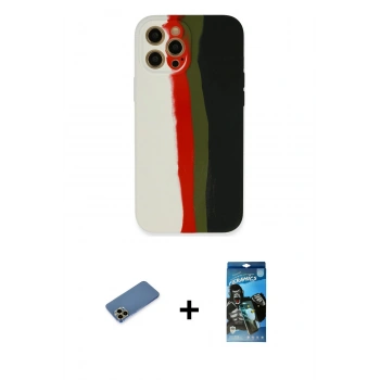 MARSİLYAN™- iPhone 12 Pro Max Kılıf Yadigar Çizgi - Siyah 34D Izgaralı Cam + Shine Kamera Lens Koruma Cam - GD