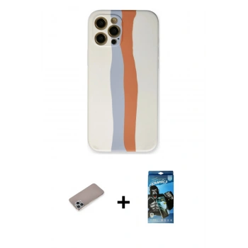 MARSİLYAN™- iPhone 12 Pro Max Kılıf Yadigar Çizgi - Siyah 34D Izgaralı Cam + Shine Kamera Lens Koruma Cam - SABE