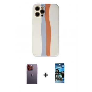 MARSİLYAN™- iPhone 12 Pro Max Kılıf Yadigar Çizgi - Siyah 34D Izgaralı Cam + Neon Fosforlu Kamera Lens - TU