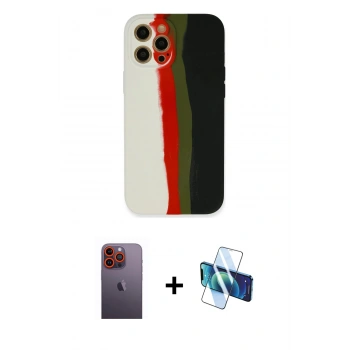MARSİLYAN™- iPhone 12 Pro Max Kılıf Yadigar Çizgi - Siyah 3D Antistatik Cam Ekran Koruyucu + Neon Fosforlu Kamera Lens - TU