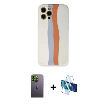 MARSİLYAN™- iPhone 12 Pro Max Kılıf Yadigar Çizgi - Siyah 3D Antistatik Cam Ekran Koruyucu + Neon Fosforlu Kamera Lens - YL