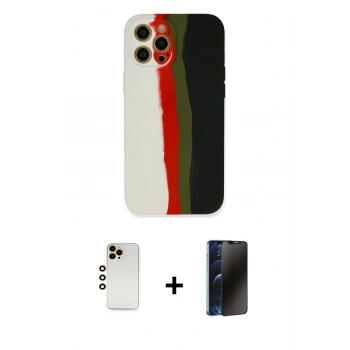 MARSİLYAN™- iPhone 12 Pro Max Kılıf Yadigar Çizgi - Siyah 3D Antistatik Hayalet Cam Ekran Koruyucu + Shine Kamera Lens - GD