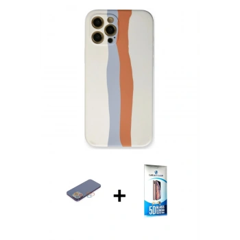 MARSİLYAN™- iPhone 12 Pro Max Kılıf Yadigar Çizgi - Siyah 5D Eko Cam Ekran Koruyucu + Renkli Kamera Lens Koruma Cam - PE