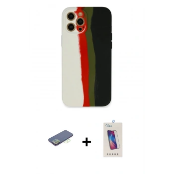 MARSİLYAN™- iPhone 12 Pro Max Kılıf Yadigar Çizgi - Siyah Joko 5D Cam + Renkli Kamera Lens Koruma Cam - YL
