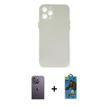 MARSİLYAN™- iPhone 12 Pro Max Kılıf Yadigar Yansıma Serisi - Siyah 18D Cam Ekran Koruyucu + Neon Fosforlu Kamera Lens - BZ
