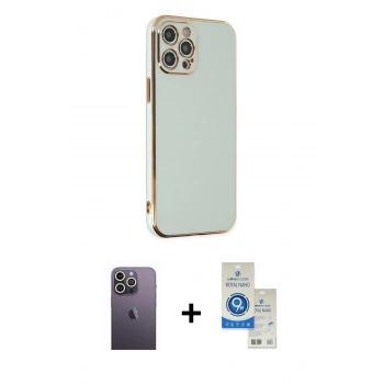 MARSİLYAN™- iPhone 12 Pro Max Kılıf Yankı Serisi - Şeffaf Royal Nano Ekran Koruyucu + Neon Fosforlu Kamera Lens - BZ