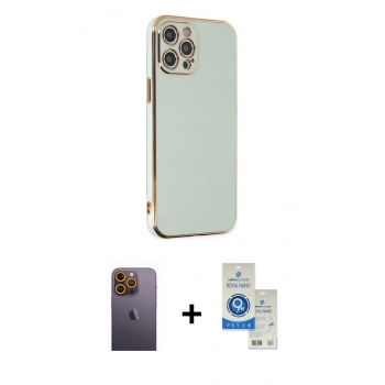 MARSİLYAN™- iPhone 12 Pro Max Kılıf Yankı Serisi - Şeffaf Royal Nano Ekran Koruyucu + Neon Fosforlu Kamera Lens - SI