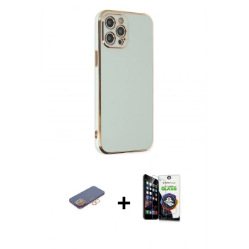 MARSİLYAN™- iPhone 12 Pro Max Kılıf Yankı Serisi - Şeffaf Temperli Cam Ekran Koruyucu + Renkli Kamera Lens Koruma Cam - TU