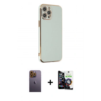 MARSİLYAN™- iPhone 12 Pro Max Kılıf Yankı Serisi - Şeffaf Temperli Cam Ekran Koruyucu + Neon Fosforlu Kamera Lens - SI