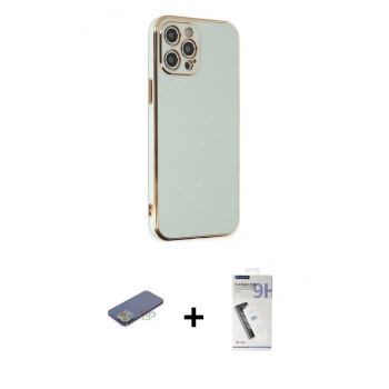 MARSİLYAN™- iPhone 12 Pro Max Kılıf Yankı Serisi - Şeffaf Uv Polymer Nano Ekran Koruyucu + Renkli Kamera Lens Koruma Cam - MI