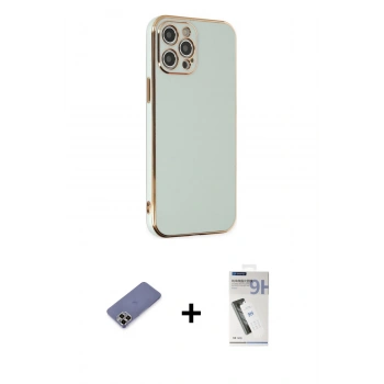MARSİLYAN™- iPhone 12 Pro Max Kılıf Yankı Serisi - Şeffaf Uv Polymer Nano Ekran Koruyucu + Metal Kamera Lens Koruma Cam - GD