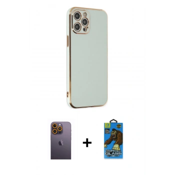 MARSİLYAN™- iPhone 12 Pro Max Kılıf Yankı Serisi - Siyah 18D Cam Ekran Koruyucu + Neon Fosforlu Kamera Lens - SI