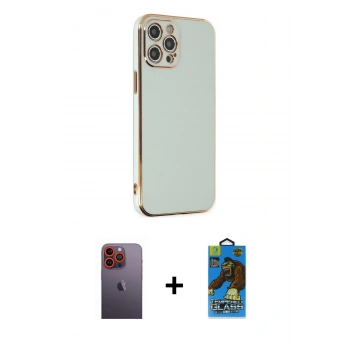 MARSİLYAN™- iPhone 12 Pro Max Kılıf Yankı Serisi - Siyah 18D Cam Ekran Koruyucu + Neon Fosforlu Kamera Lens - TU