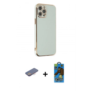 MARSİLYAN™- iPhone 12 Pro Max Kılıf Yankı Serisi - Siyah 18D Cam Ekran Koruyucu + Renkli Kamera Lens Koruma Cam - PE