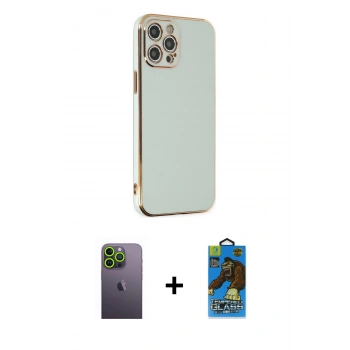 MARSİLYAN™- iPhone 12 Pro Max Kılıf Yankı Serisi - Siyah 18D Cam Ekran Koruyucu + Neon Fosforlu Kamera Lens - YL