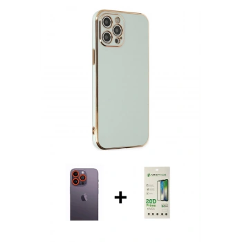 MARSİLYAN™- iPhone 12 Pro Max Kılıf Yankı Serisi - Siyah 20D Premium Cam Ekran Koruyucu + Neon Fosforlu Kamera Lens - TU