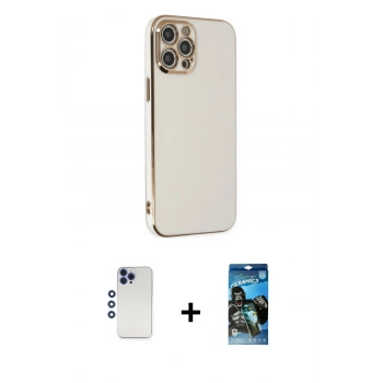 MARSİLYAN™- iPhone 12 Pro Max Kılıf Yankı Serisi - Siyah 34D Izgaralı Cam + Shine Kamera Lens - LT