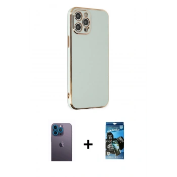 MARSİLYAN™- iPhone 12 Pro Max Kılıf Yankı Serisi - Siyah 34D Izgaralı Cam + Neon Fosforlu Kamera Lens - MI