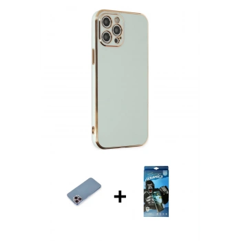 MARSİLYAN™- iPhone 12 Pro Max Kılıf Yankı Serisi - Siyah 34D Izgaralı Cam + Shine Kamera Lens Koruma Cam - PE