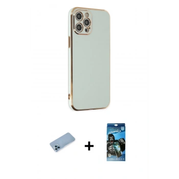 MARSİLYAN™- iPhone 12 Pro Max Kılıf Yankı Serisi - Siyah 34D Izgaralı Cam + Shine Kamera Lens Koruma Cam - MI