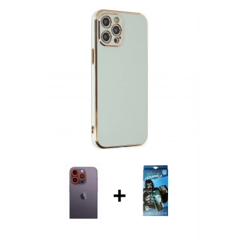 MARSİLYAN™- iPhone 12 Pro Max Kılıf Yankı Serisi - Siyah 34D Izgaralı Cam + Neon Fosforlu Kamera Lens - TU
