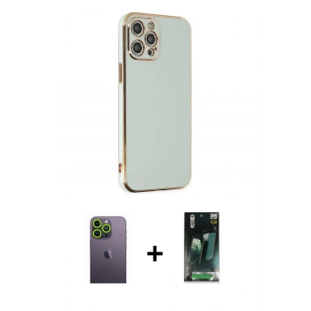 MARSİLYAN™- iPhone 12 Pro Max Kılıf Yankı Serisi - Siyah 360 Mat Full Body Arka Koruyucu + Neon Fosforlu Kamera Lens - YL