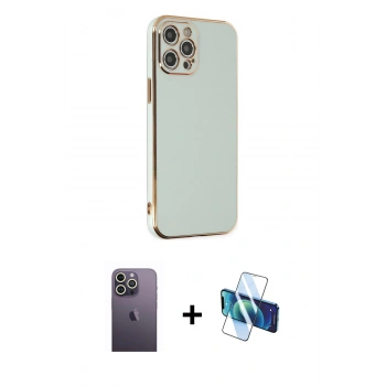 MARSİLYAN™- iPhone 12 Pro Max Kılıf Yankı Serisi - Siyah 3D Antistatik Cam Ekran Koruyucu + Neon Fosforlu Kamera Lens - BZ