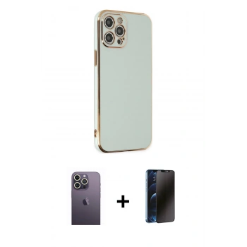 MARSİLYAN™- iPhone 12 Pro Max Kılıf Yankı Serisi - Siyah 3D Antistatik Hayalet Cam Ekran Koruyucu + Neon Fosforlu Kamera Lens - BZ