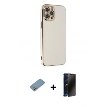 MARSİLYAN™- iPhone 12 Pro Max Kılıf Yankı Serisi - Siyah 3D Antistatik Hayalet Cam Ekran Koruyucu + Shine Kamera Lens Koruma Cam - GI