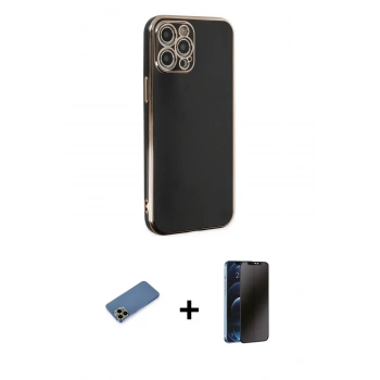 MARSİLYAN™- iPhone 12 Pro Max Kılıf Yankı Serisi - Siyah 3D Antistatik Hayalet Cam Ekran Koruyucu + Shine Kamera Lens Koruma Cam - GD