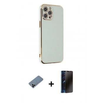 MARSİLYAN™- iPhone 12 Pro Max Kılıf Yankı Serisi - Siyah 3D Antistatik Hayalet Cam Ekran Koruyucu + Shine Kamera Lens Koruma Cam - SH