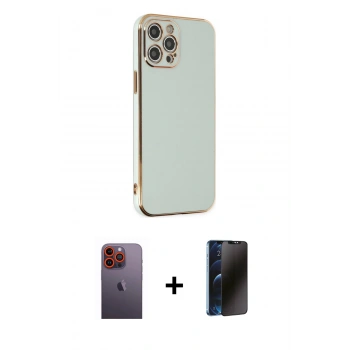 MARSİLYAN™- iPhone 12 Pro Max Kılıf Yankı Serisi - Siyah 3D Antistatik Hayalet Cam Ekran Koruyucu + Neon Fosforlu Kamera Lens - TU
