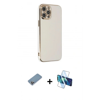 MARSİLYAN™- iPhone 12 Pro Max Kılıf Yankı Serisi - Siyah 3D Antistatik Seramik Nano Ekran Koruyucu + Shine Kamera Lens Koruma Cam - GI